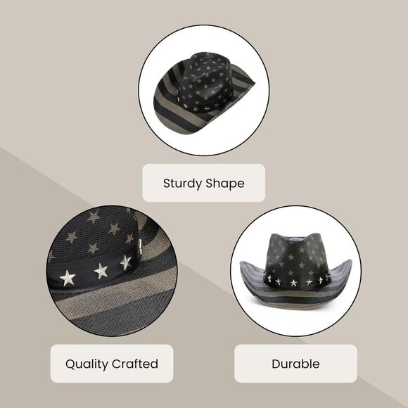 Zodaca USA Straw American Flag Cowboy Hat for Men Vintage Cowgirl Costume - Picture 4 of 9